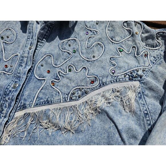 Vintage Next Move Denim Fringe Embellished Beaded Cowgirl Rodeo Shirt Womens - Picture 3 of 8